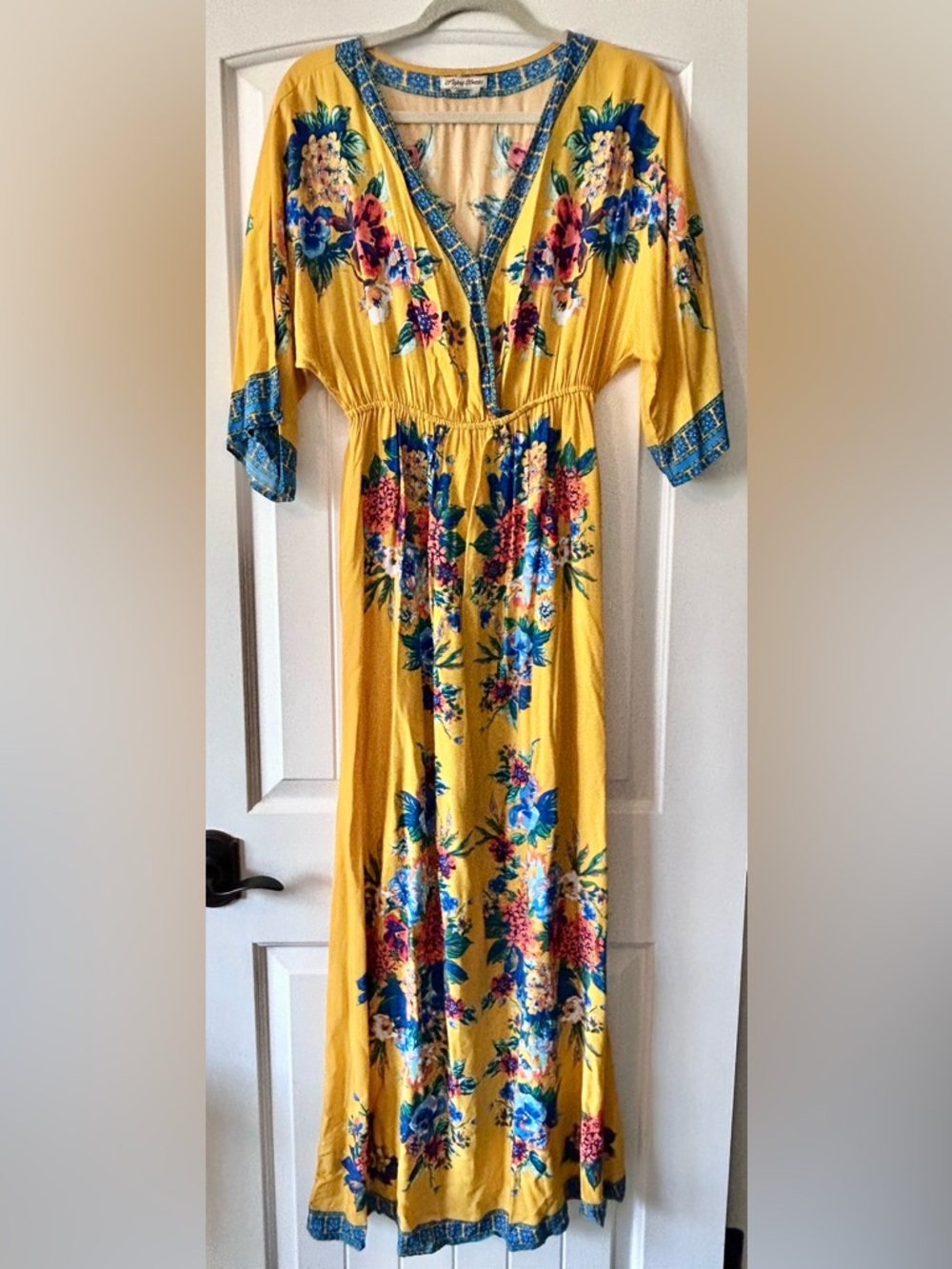 Flying Tomato Yellow Floral Maxi Dress with Blue Accents